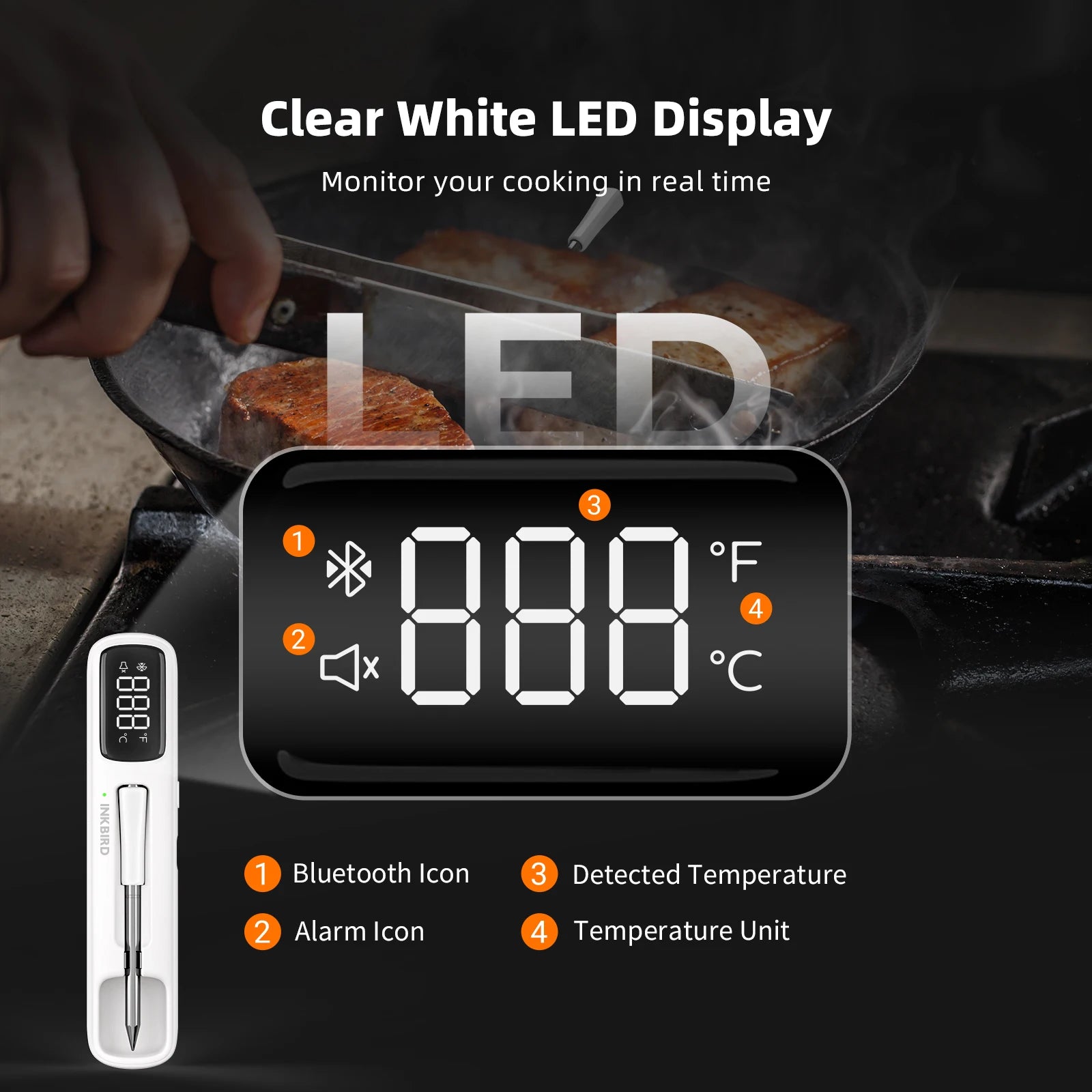 INKBIRD INT-11I-B Mini Wireless Meat Thermometer, Bluetooth 5.4 1000ft, 1s Response, IP67, 26 Presets, LED Display, for BBQ/Gril