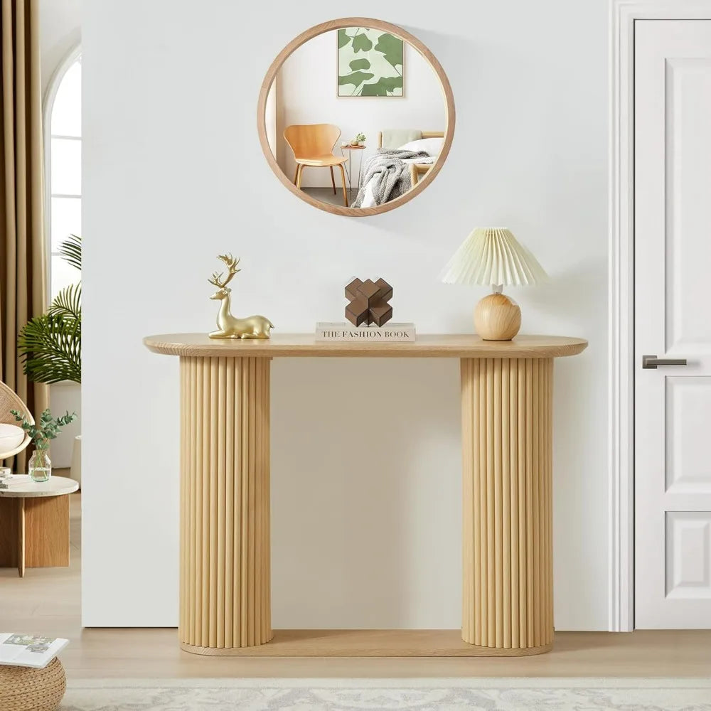 Rustic Oval Console Table with Curved Design, Storage Shelf and Fluted Legs for Entryway and Living Space