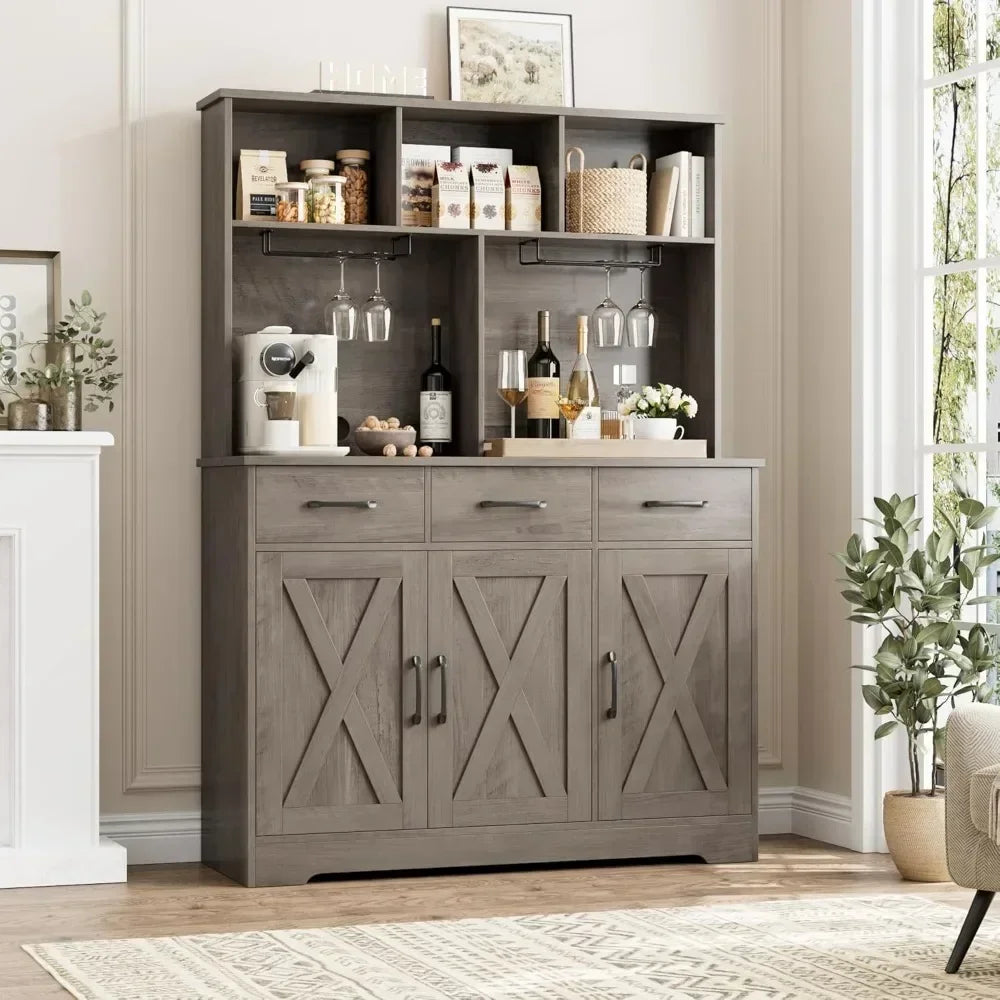 Buffet Cabinet with Hutch, Farmhouse Kitchen Buffet Sideboard Storage with 3 Drawers, Barn Door Coffee Bar Station/ Liquor