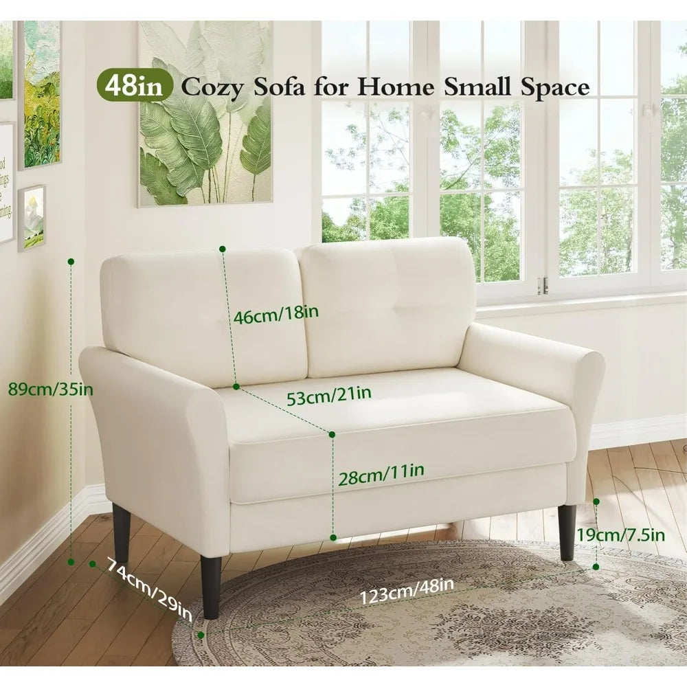 Compact Velvet Loveseat Sofa, 48 Depth, Cozy Seating for Bedrooms/Living Rooms