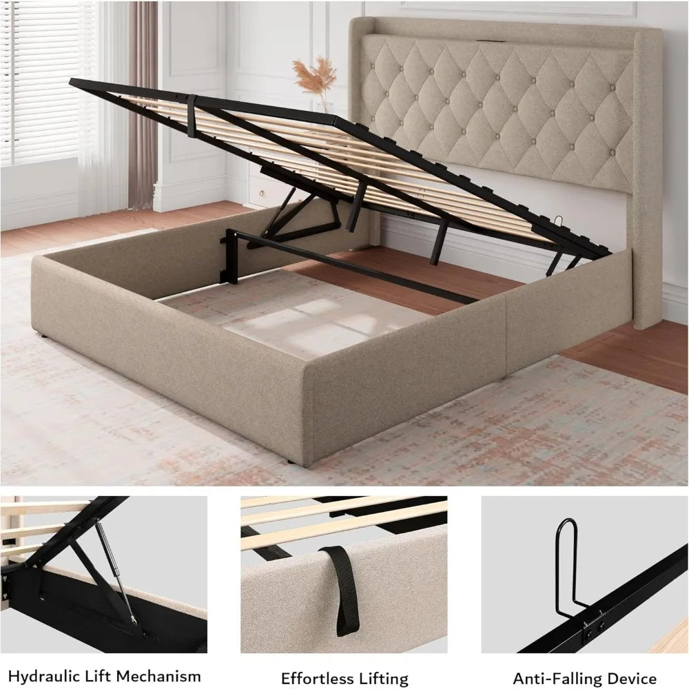 Queen Size Lift Up Storage Bed Frame with Charging Station, Upholstered Platform Bed Frame with Tufted Headboard, Hydraulic
