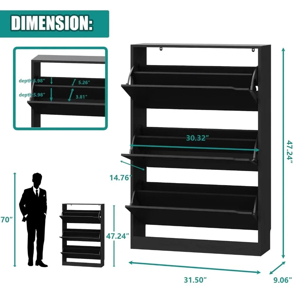 Shoe Storage Cabinet for Entryway with 3 Flip Drawers, Sturdy Wood Hidden Shoe Storage, Freestanding Narrow Slim Shoe Organizer