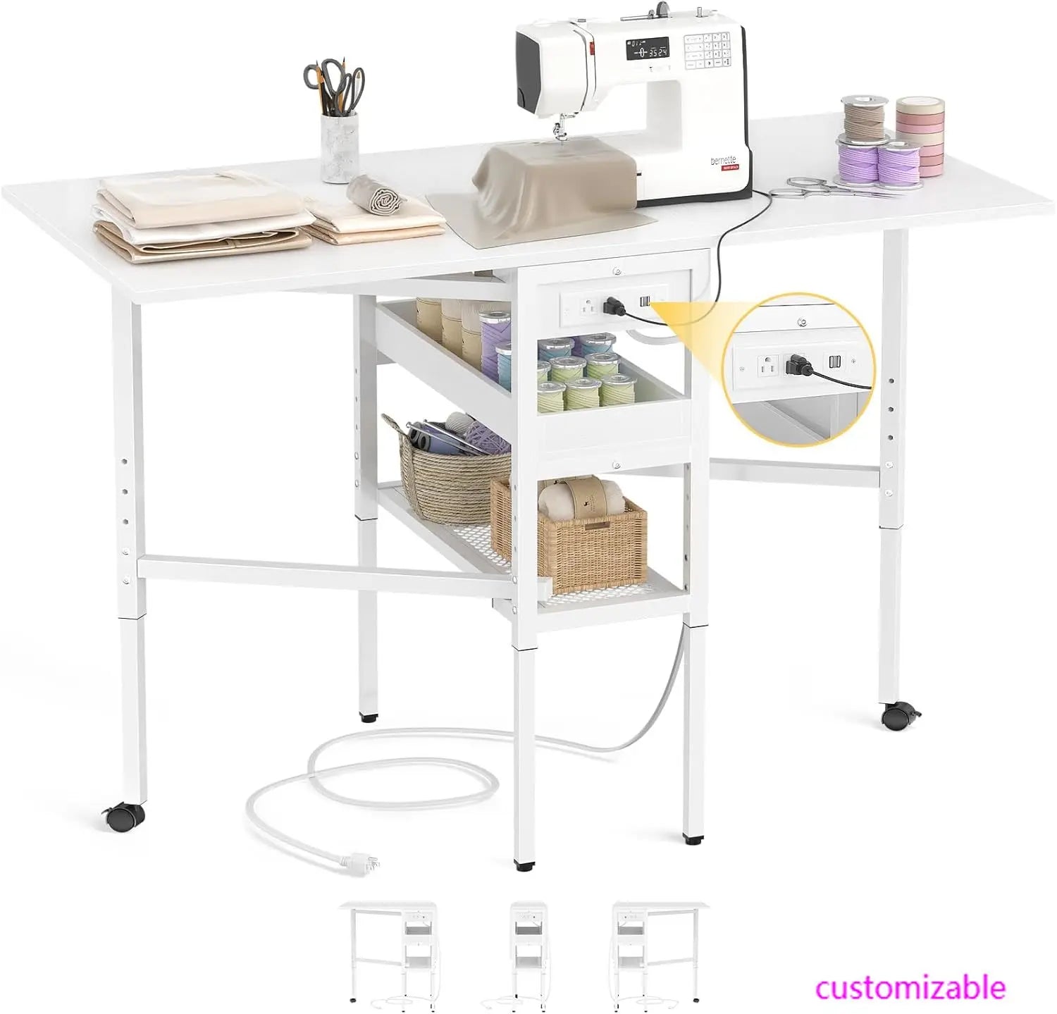Sewing Cutting Table with Charging Station, Height Adjustable Craft Table with Storage, 50" Foldable Fabric Cutting Tables