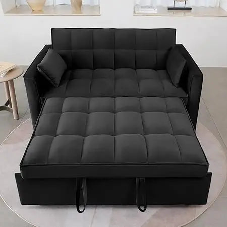 55.3 Inch 3-in-1 Velvet Futon Bed and Loveseat, Convertible Sleeper Sofa with Pillows and Pockets for Living Rooms and Apartment