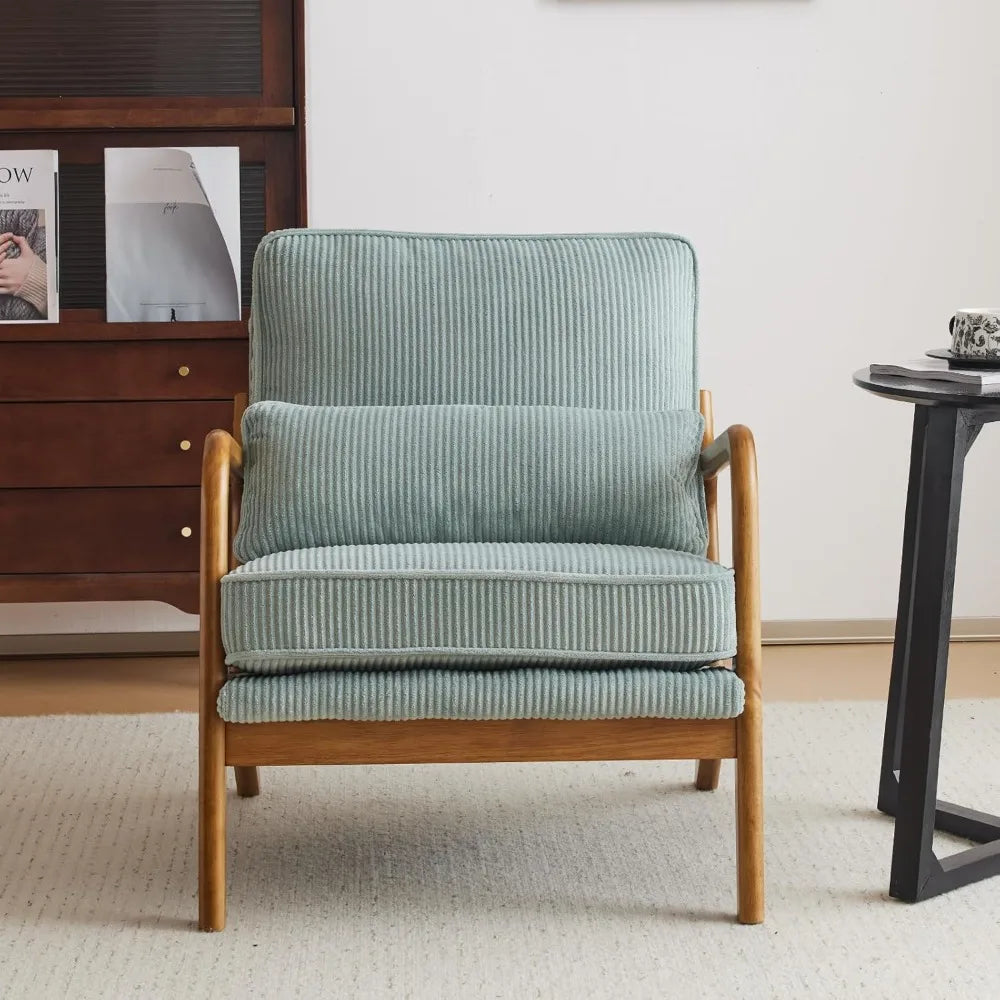Karl home Mid-Century Modern Accent Chair, Living Room Chairs with Pillow Corduroy Upholstered Lounge Armchair with Solid Wood