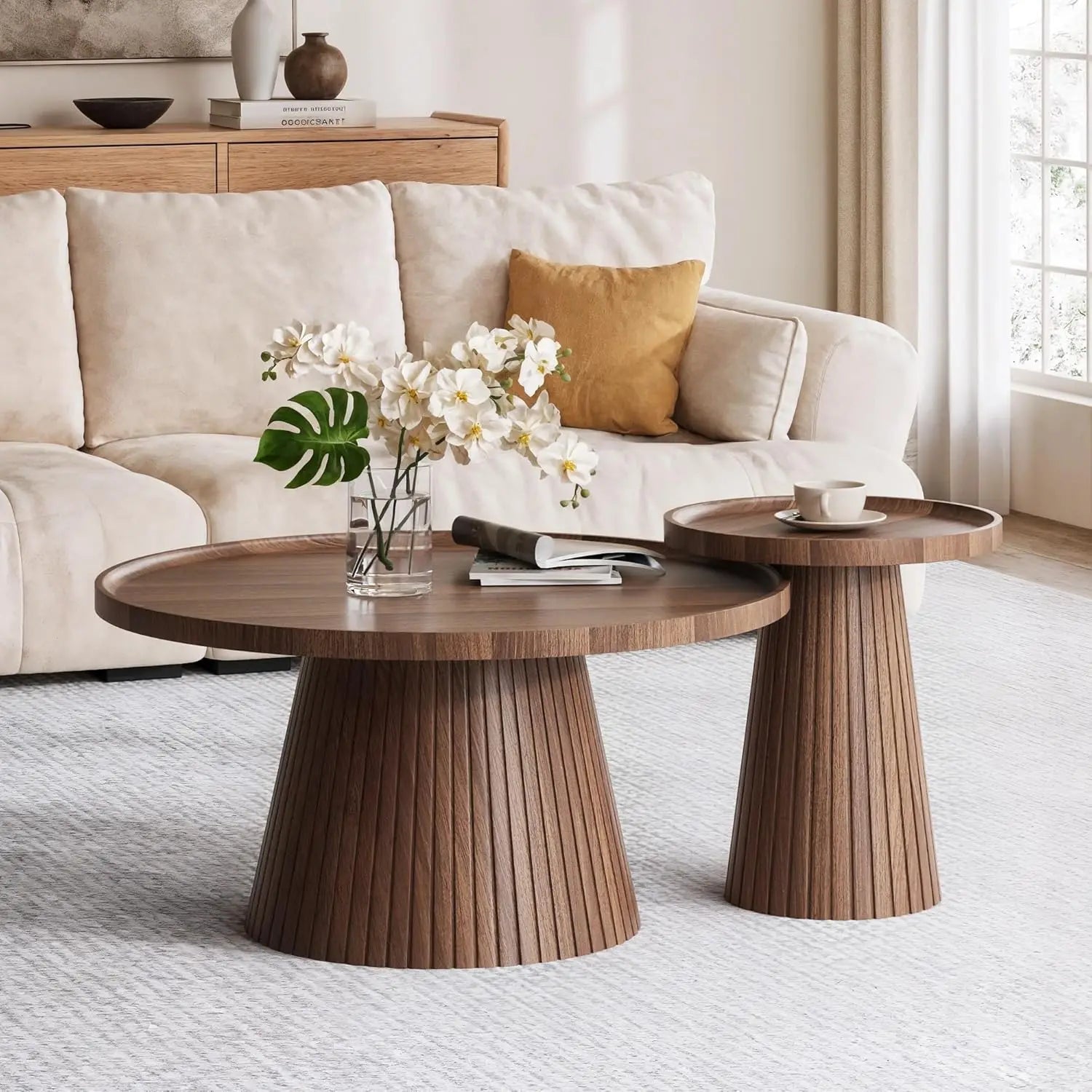 Nesting Coffee Table Set of 2, Mid Century Modern Coffee Table with Wood Grain Veneer, Fluted Round Tea Table