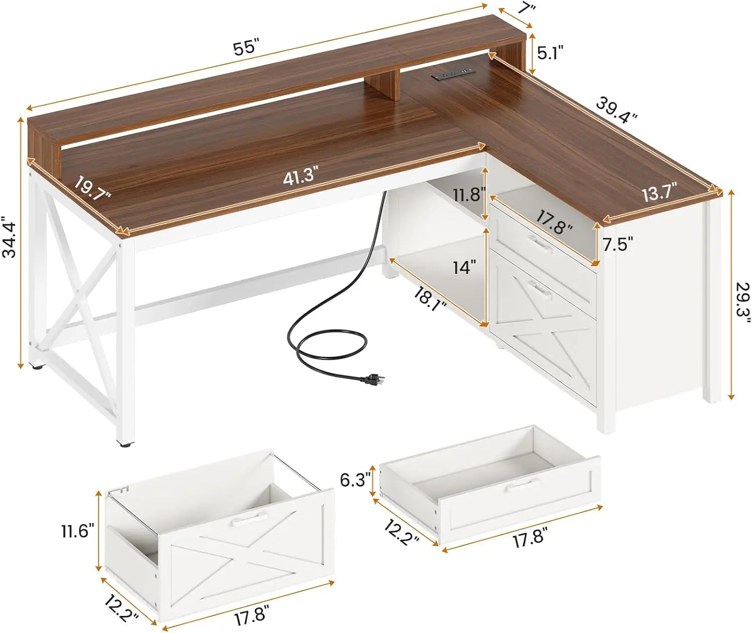 High Quality  Farmhouse L Shaped Desk, 55" Home Office Desk with Drawers and Storage Shelves, L Shaped Gaming Desk with LED Lights