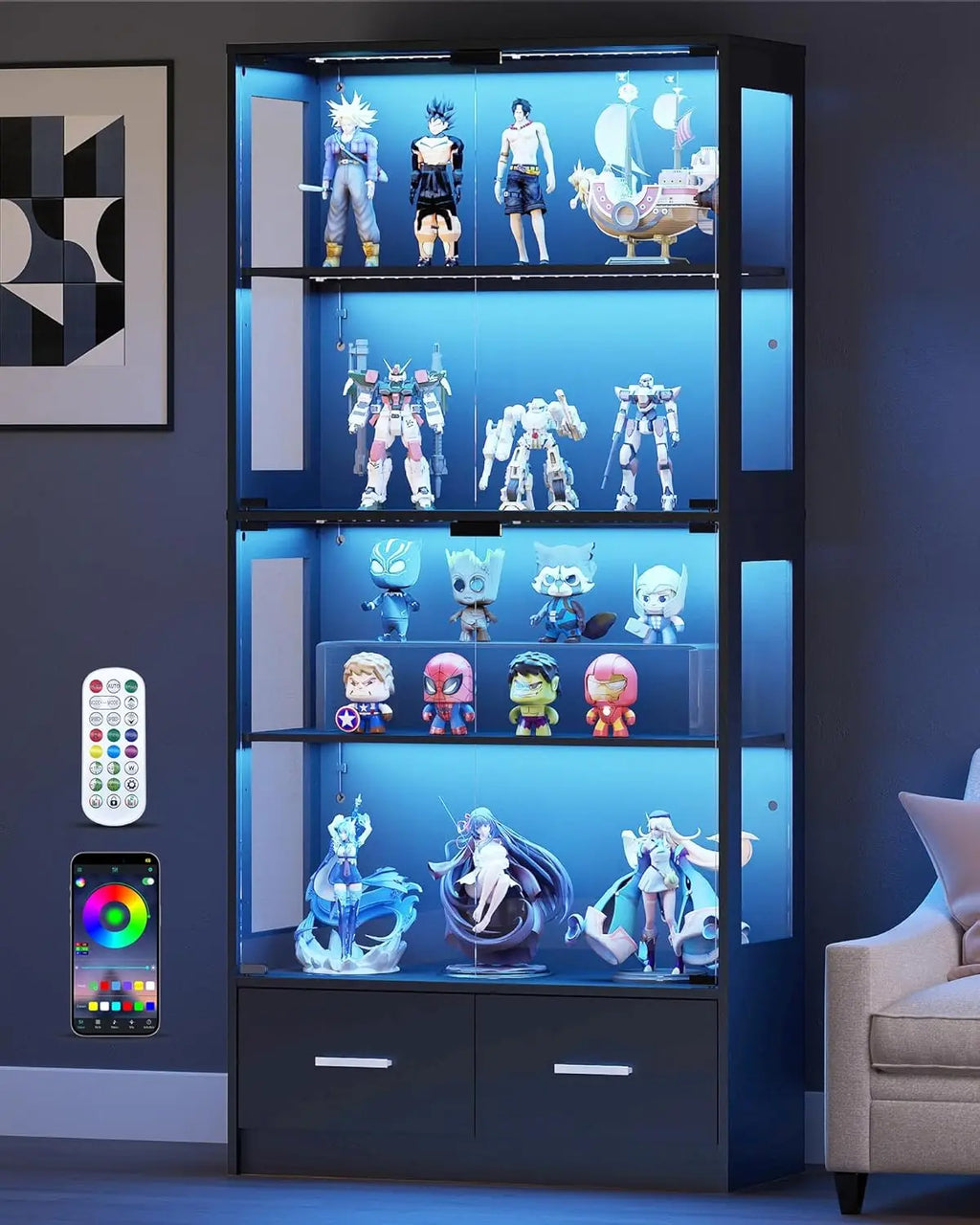 Display Cabinet with Glass Doors - 67" Curio Cabinet for Collectibles with RGB LED Lights and 2 Drawers,4 Tier Glass Display