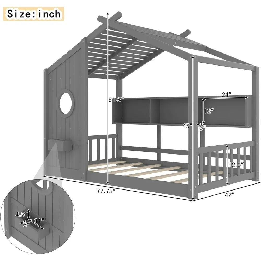 Twin-Sized Storage-Friendly Kids' Montessori Bed with Wooden House Frame and Roof
