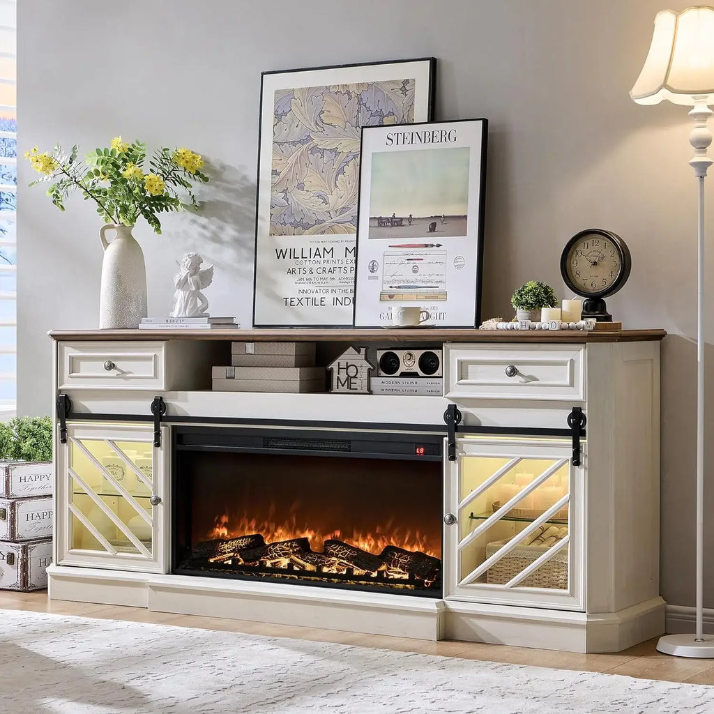75” Fireplace TV Stand for 85" TV, Farmhouse Highboy Entertainment Center with 36” Electric Fireplace