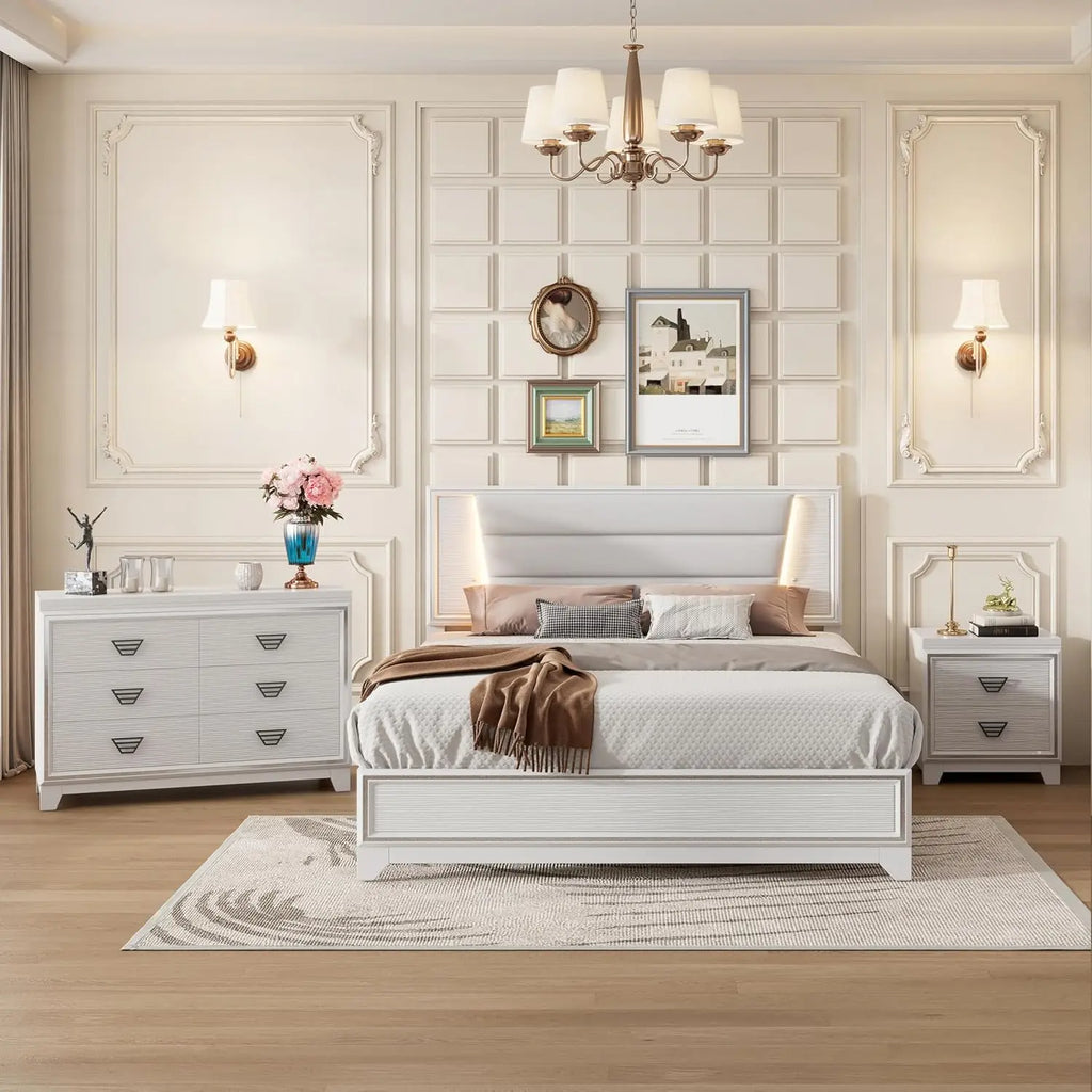 3 Pieces Bedroom Set Queen Size Upholstered Bed with LED Lights, Nightstands, White
