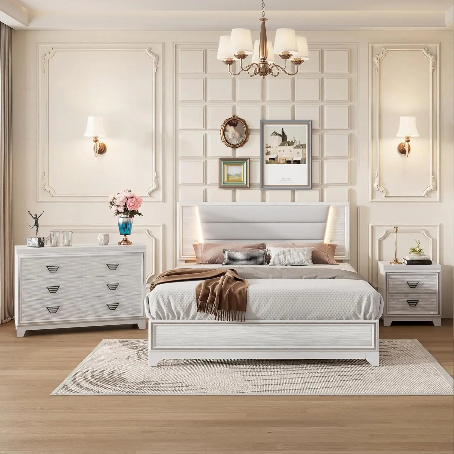 3 Pieces Bedroom Set Queen Size Upholstered Bed with LED Lights, Nightstands, White