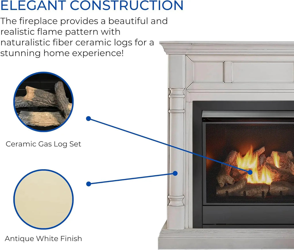Dual Fuel Ventless Gas Fireplace System with Mantle, Remote Control, 9 Fire Logs, Use with Natural Gas or Liquid Propane