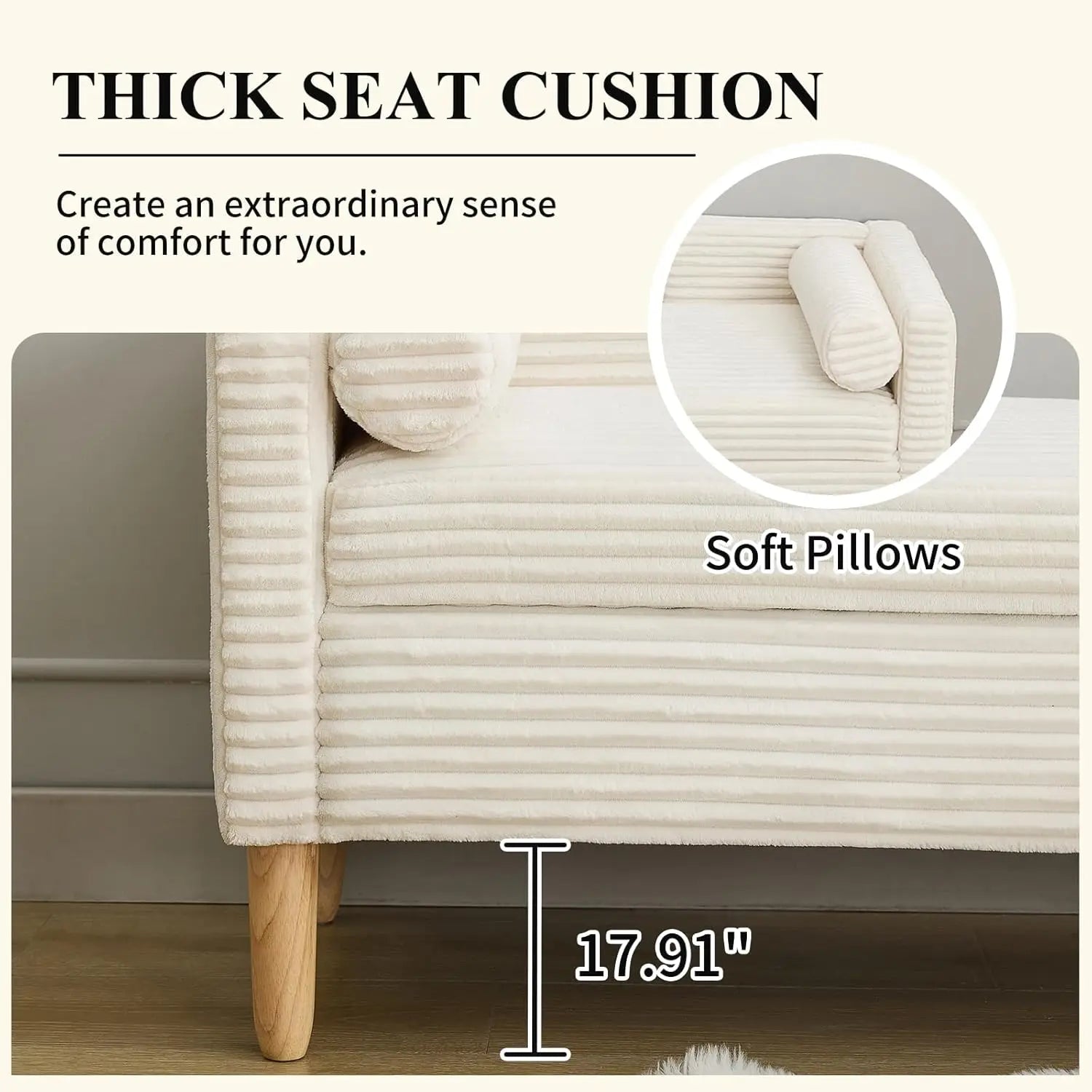 65" Large Storage Ottoman Bench with 2 Pillows, Corduroy Upholstered Entryway Bench