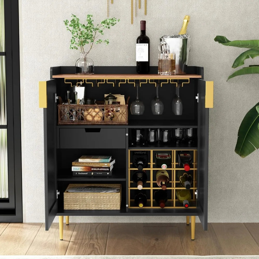 Sideboard Buffet Cabinet with Fluted Texture, Modern Coffee Bar Cabinet with Wine Rack &Drawers, Black Liquor Cabinet for Kitchen