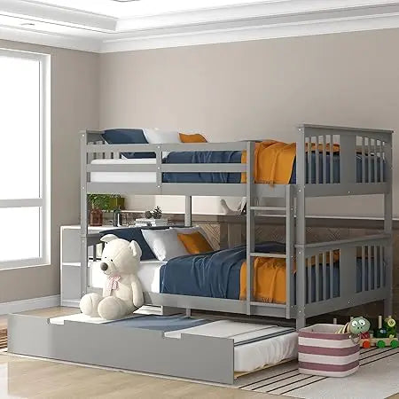 Twin-Over-Full Bunk Bed with Trundle, Transformable into Individual Beds, Crafted from Solid Pine with Safety Rails
