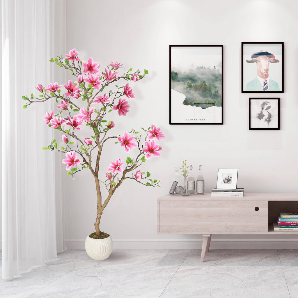 Lifelike Pink Magnolia Artificial Tree for Home Decor – Realistic Tall Silk Faux Plant Flower in Pot for Living Room/ Entryway