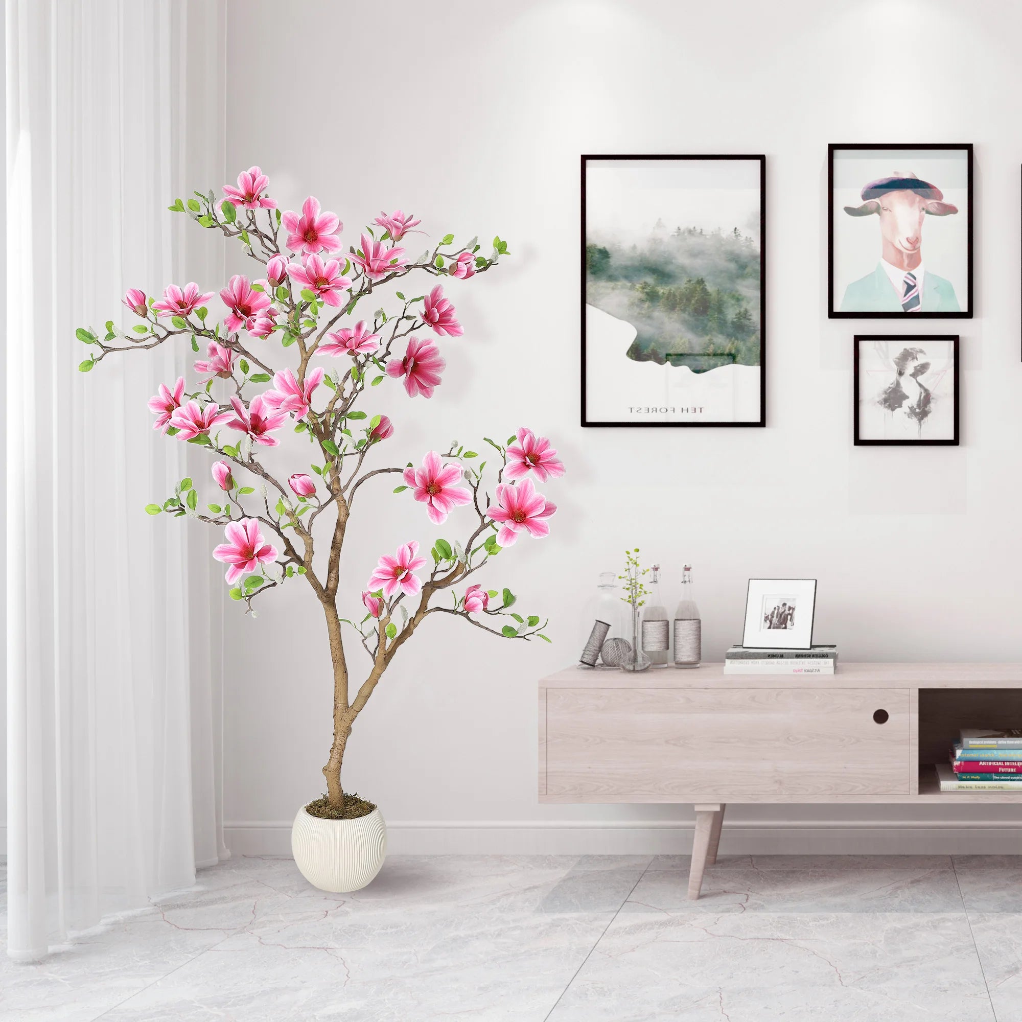 Lifelike Pink Magnolia Artificial Tree for Home Decor – Realistic Tall Silk Faux Plant Flower in Pot for Living Room/ Entryway