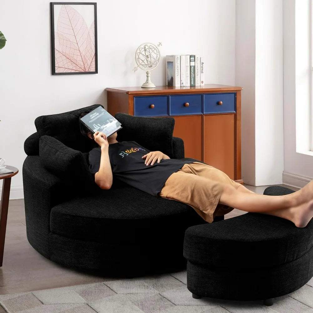 Linen Fabric Upholstered Oversized Round Armchair with Storage Ottoman, Headrest, and 4 Pillows
