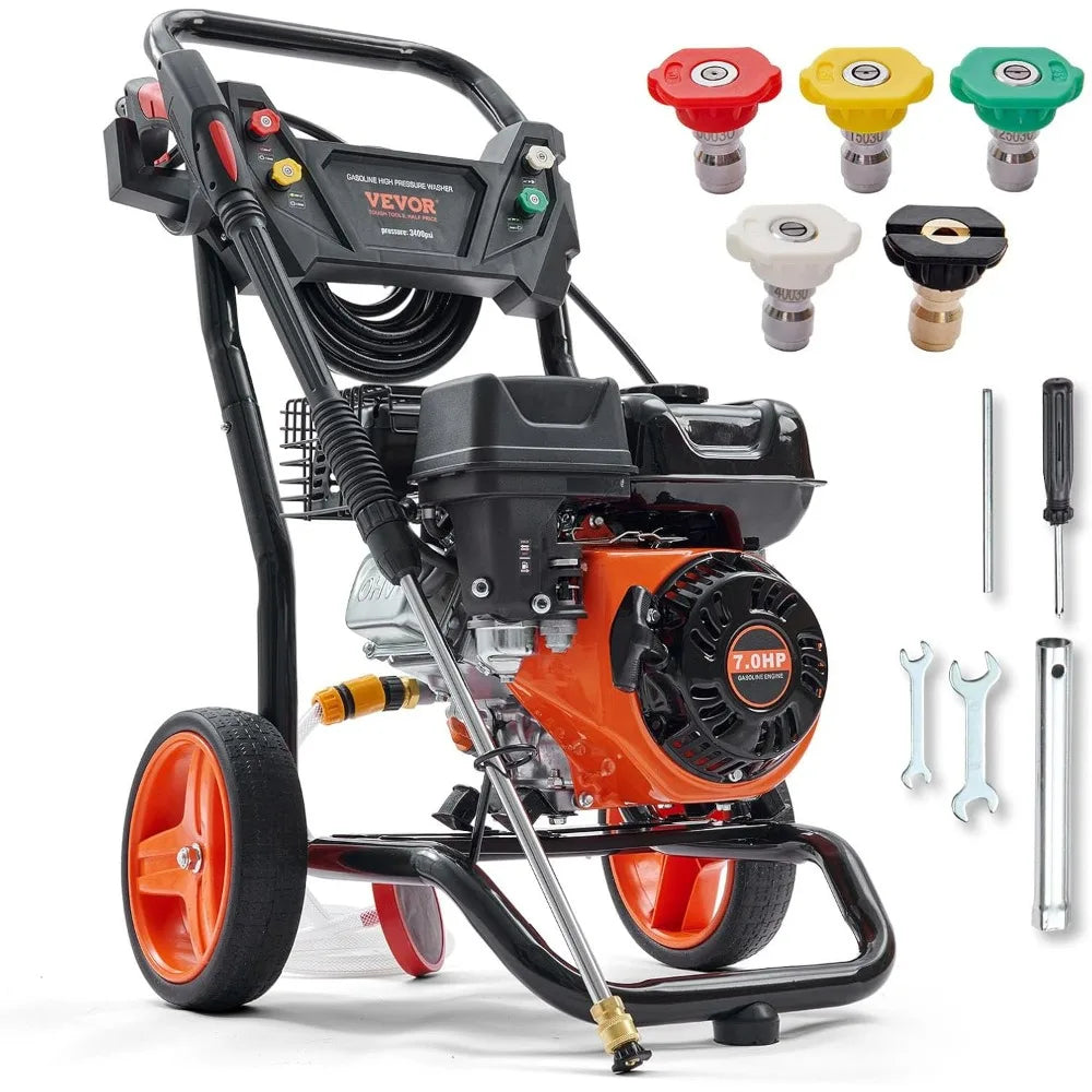 Gas-Powered Pressure Washer: 3400 PSI, 2.6 GPM, Spray Gun, Extension Wand, 5 Nozzles, Copper Pump