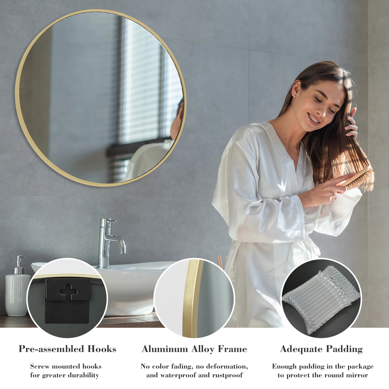 30 Inch Large Gold Round Vanity Framed Mirror for Wall/ Matte Metal Framed Modern Mirror/ Tempered Glass /Bedroom /Living Room