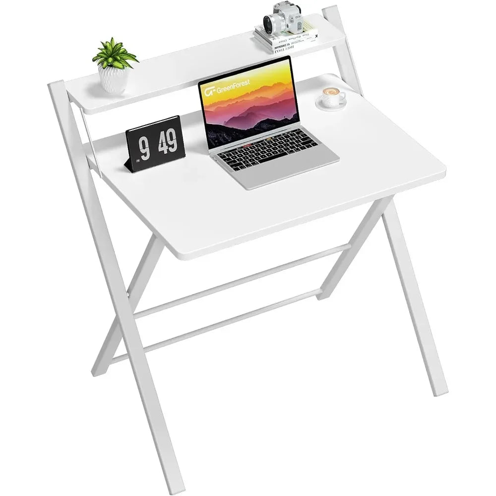 Customizable-Folding Desk/ No Assembly Required/ Large Size 2-Tier Foldable Computer Desk With Shelf For Home Office, Space Saving