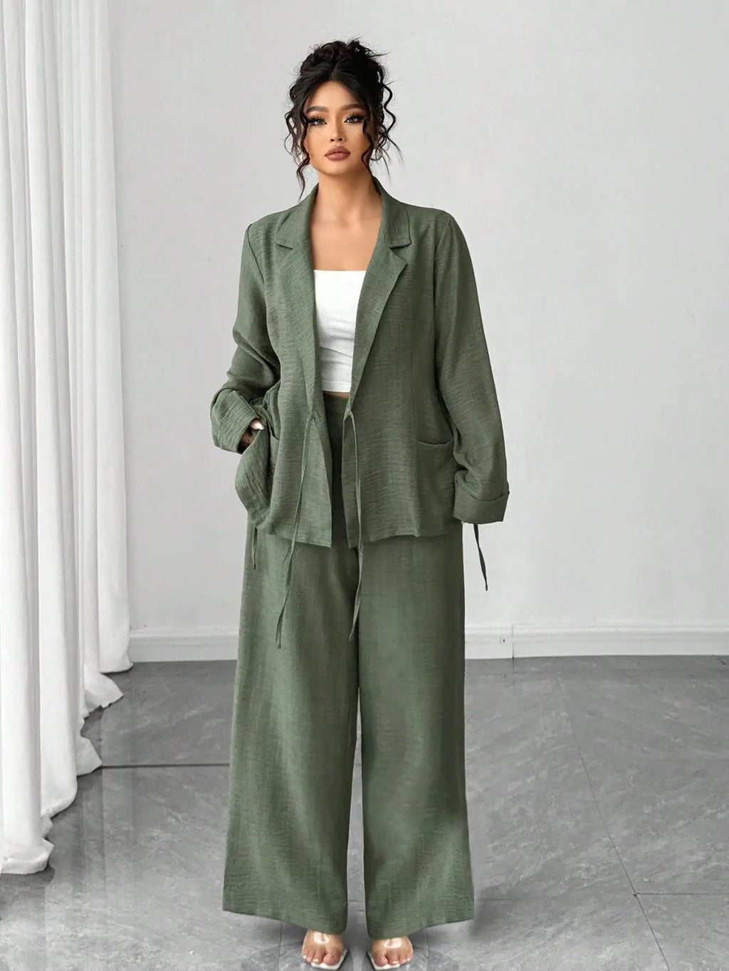 Olive Green Linen Two-Piece Suit for Women - Wrap Blazer with Tie Waist & Wide Leg Pants, Plus Size Office/ Casual Set
