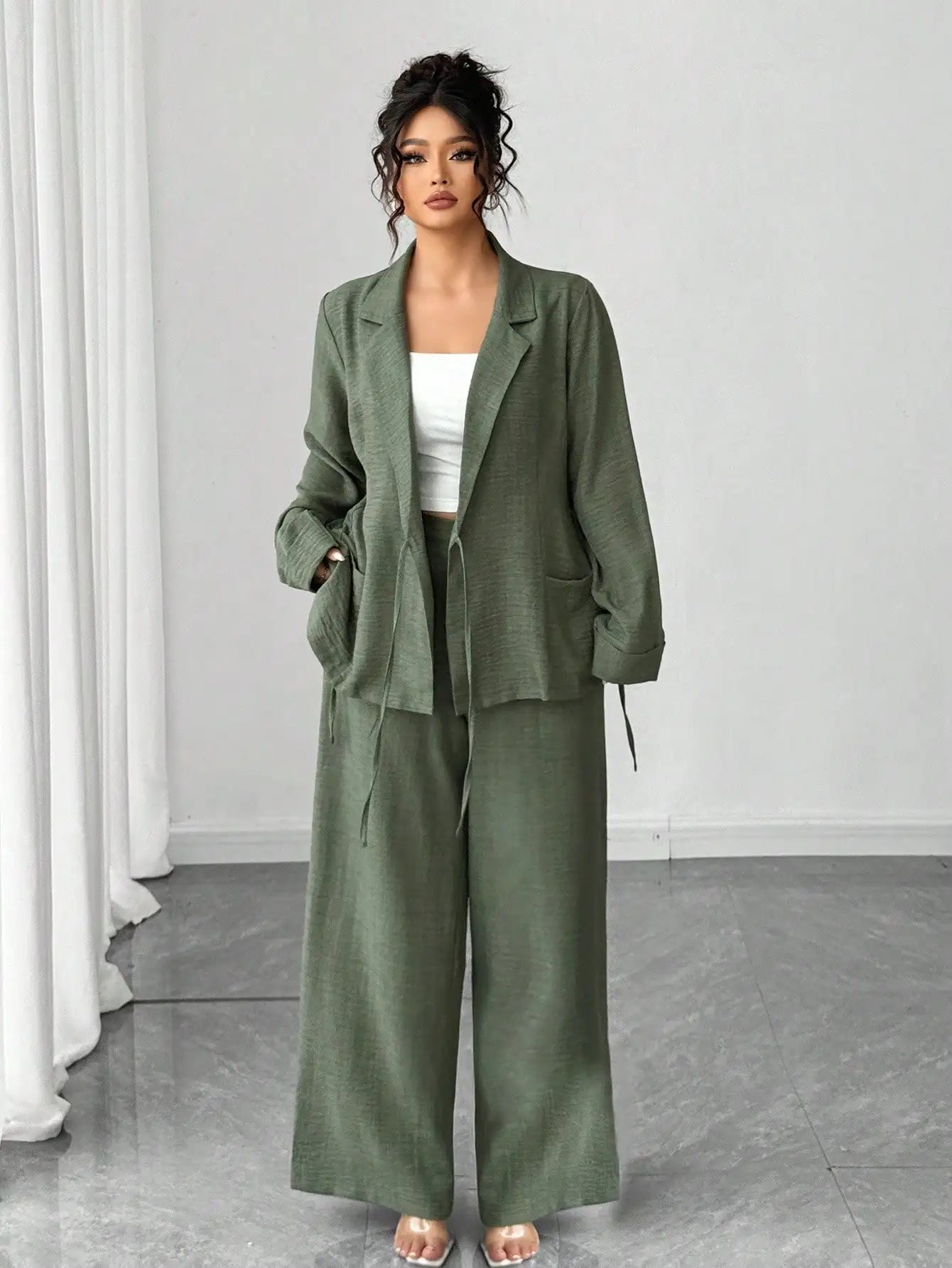 Olive Green Linen Two-Piece Suit for Women - Wrap Blazer with Tie Waist & Wide Leg Pants, Plus Size Office/ Casual Set