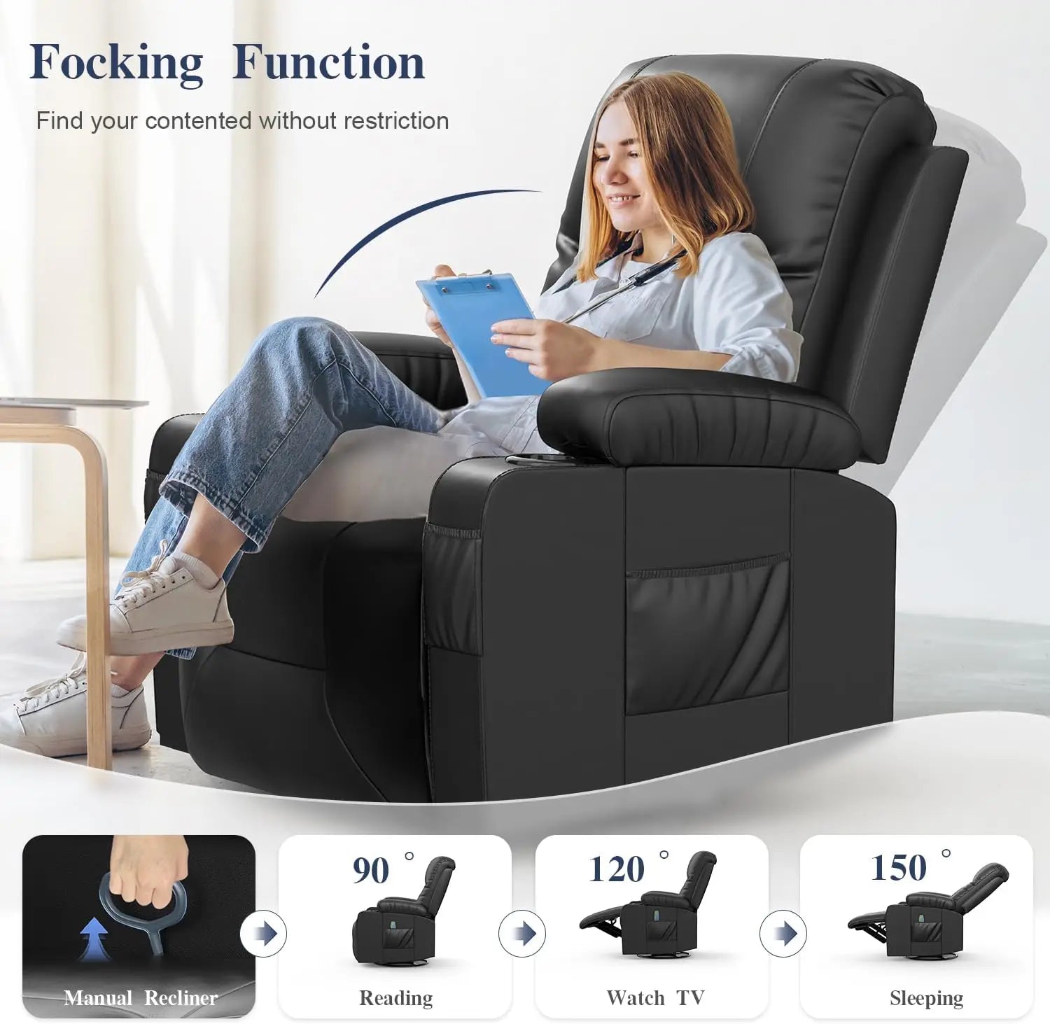 Adult Ergonomic Massage Rocker Chair with Heated Lounge, FSC certified, 360-degree Swivel Single Sofa Seat