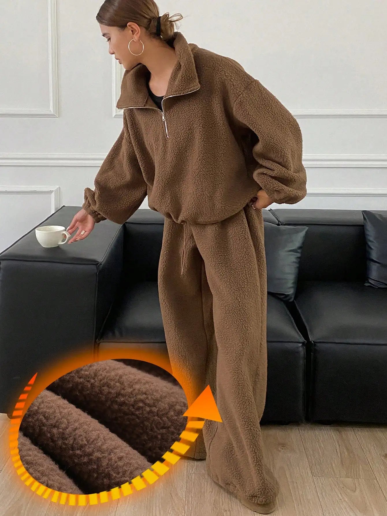 Women's Cozy Fleece Lounge Set with Half Zip Top & Wide Leg Pants, Fall/ Winter Thermal Tracksuit