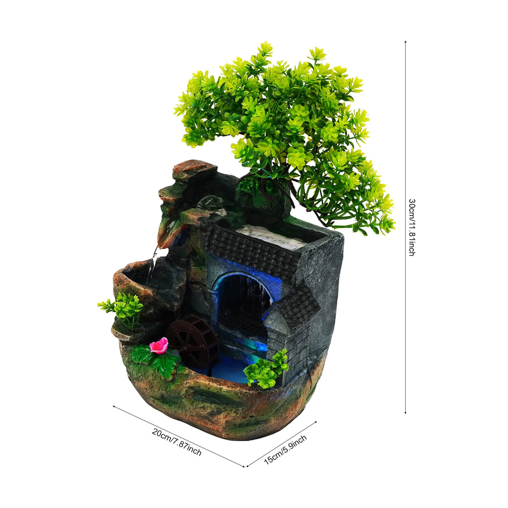 Tabletop Water Fountain with LED Light, Desktop Ornaments Resin Rockery Ornament for Office/ Living Room/ Desk Decor