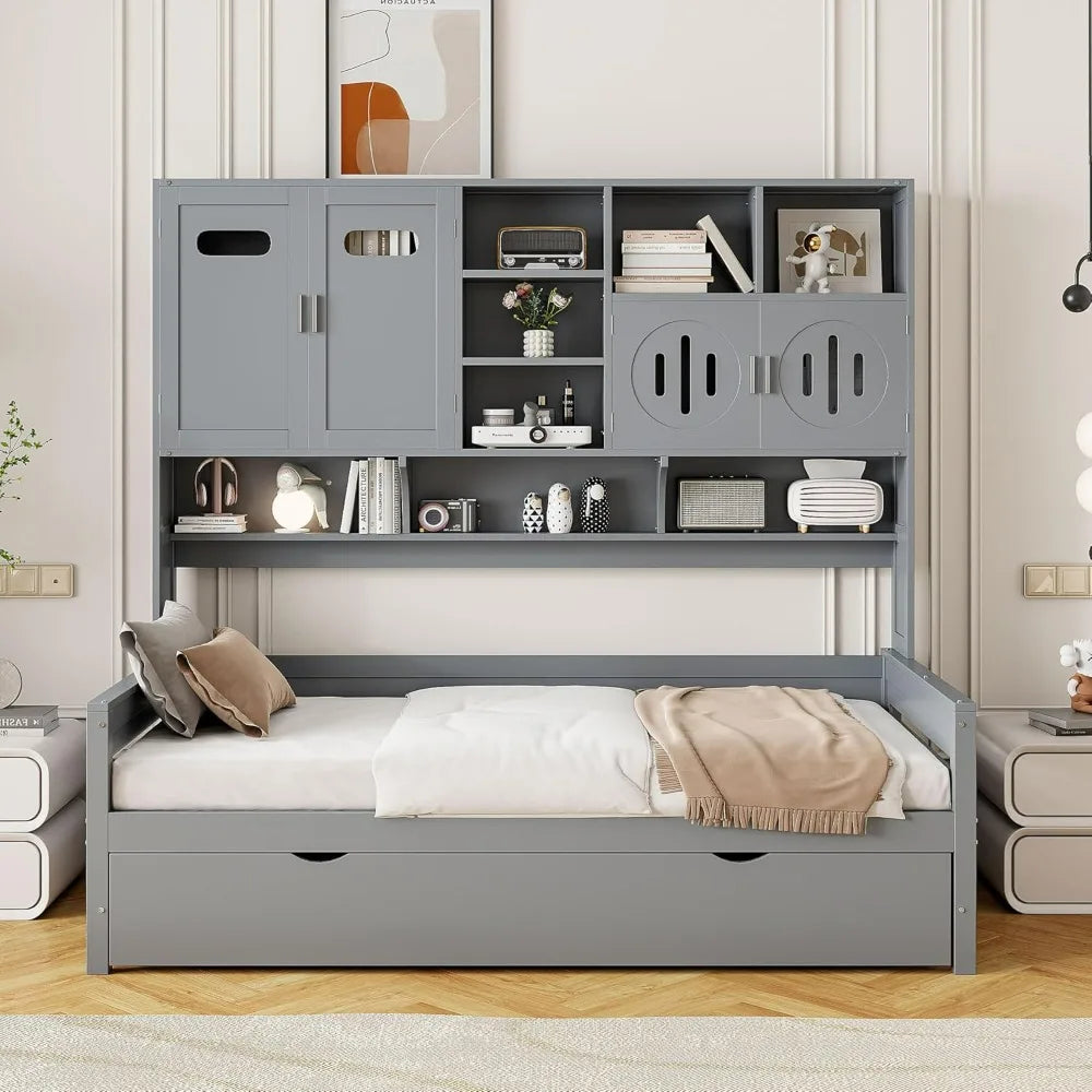 Gray Merax Twin Daybed with Trundle, Bookcase, and Cabinet Shelf Combo