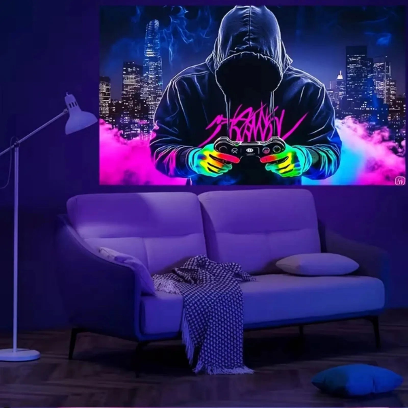 2D Flat - 2D Flat Fluorescent Tapestry | Mysterious Man Game Controller Print, Room Decor Wall Hanging for Bedroom, Living Room, Office | Non- Polyester Fabric, Peach Skin Velvet, Portrait Orientation