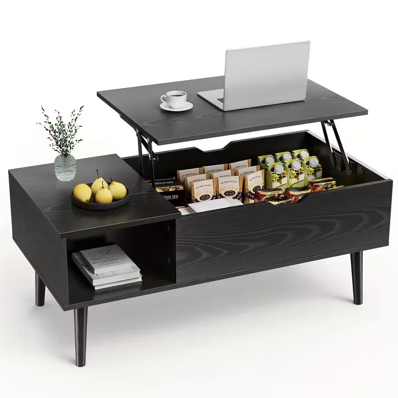 Coffee Table For Living Room, Coffee Table, Small Rising Wooden Dining Center Table With Storage Shelf & Hidden Compartment