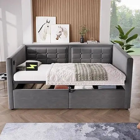 Twin Upholstered Velvet Daybed with Hydraulic Storage, USB & Type-C Ports, Wooden Slat Support, Tufted Sofa Bed Frame