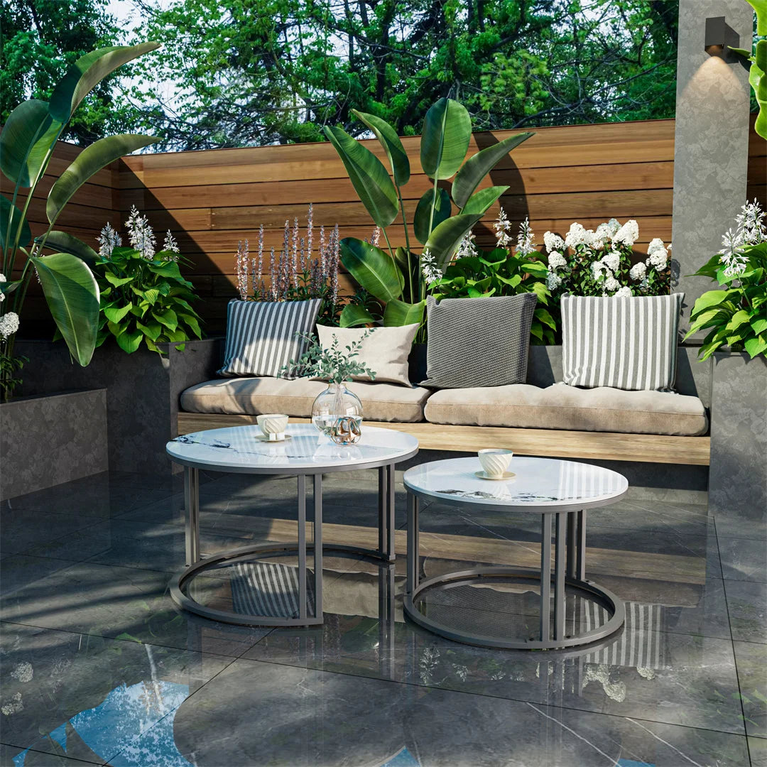 Set of 2 Round Living Room Nesting Table Anti-Rust Outdoor Stacking Center Coffee Table, Small Space Friendly