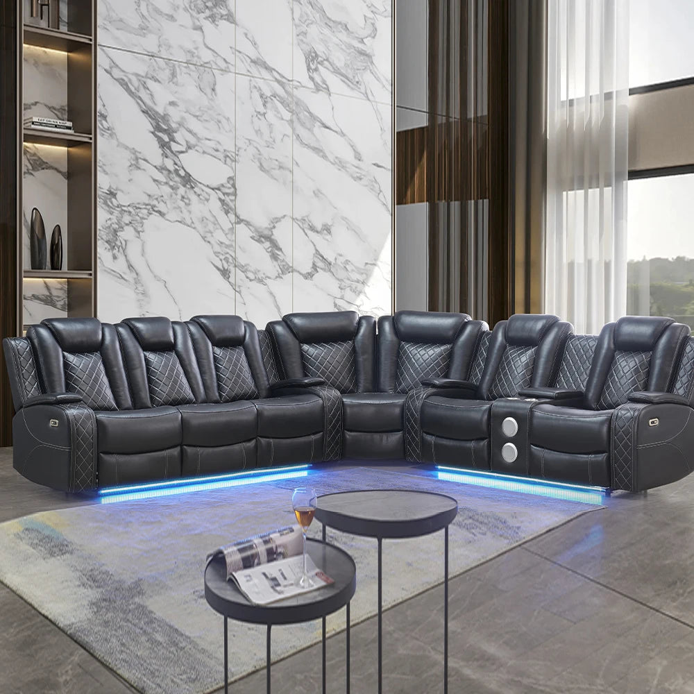 Power Reclining Sofa Couch with Wireless Charger/ 3 Seater Recliner/Reading Light Leather/ Bluetooth Speaker/ Theater Seating LED