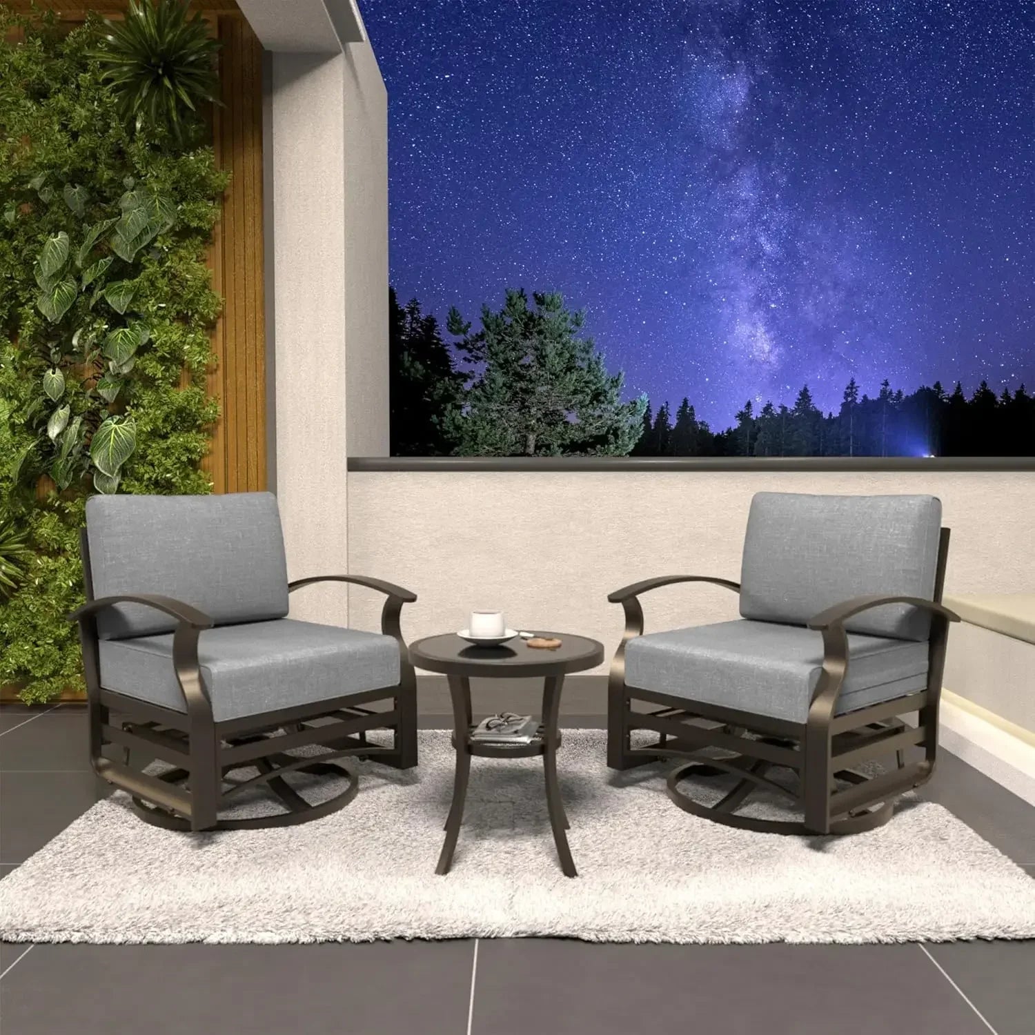 Aluminum Swivel Rocker Patio Chairs w/Thick Cushion, Rocking Chairs with Double Side Table for Balcony Porch/ Patio Pool,