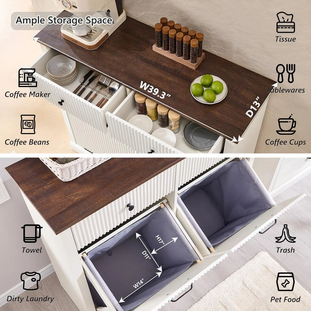 20 Gallon Fluted Laundry Hamper Cabinet w/2 Drawers, Wooden Hidden Garbage Can Cabinets with Storage Basket,White
