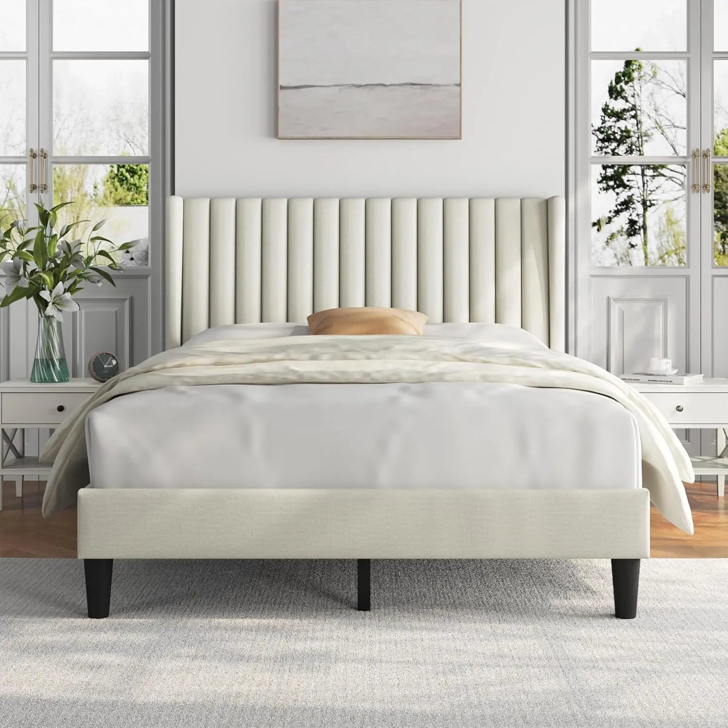 Full Bed Frame Upholstered Platform Bed with Fabric Headboard