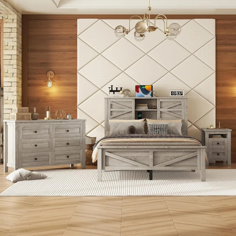Full Size Bedroom Furniture Set, Full Size Platform Bed with Nightstand and Dresser, Wood Platform Bed with Double Sliding Door