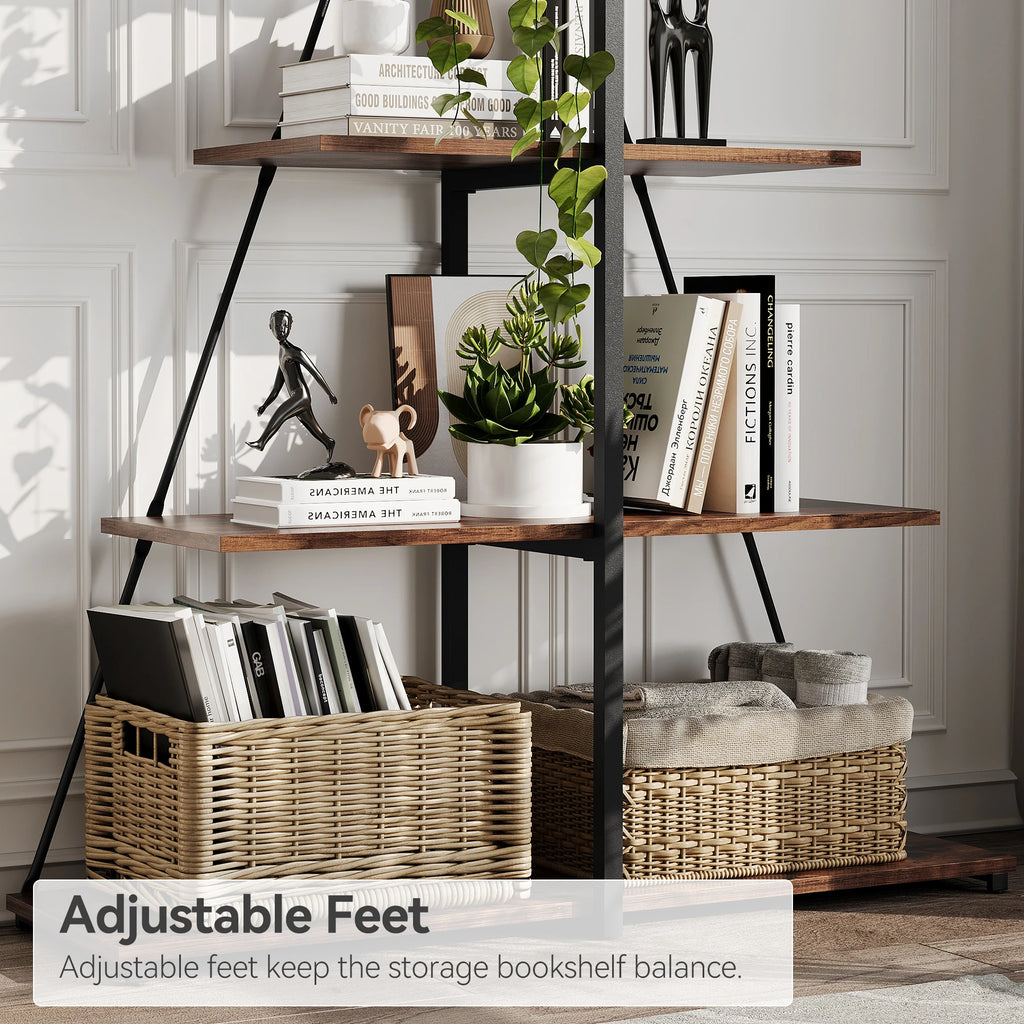4-Tier A-Frame Ladder Shelf Bookcase - Steel Frame Bookshelf | Rustic Book Storage Shelf for Living Room, Bedroom or Kitchen, Living Room Display Rack Stand