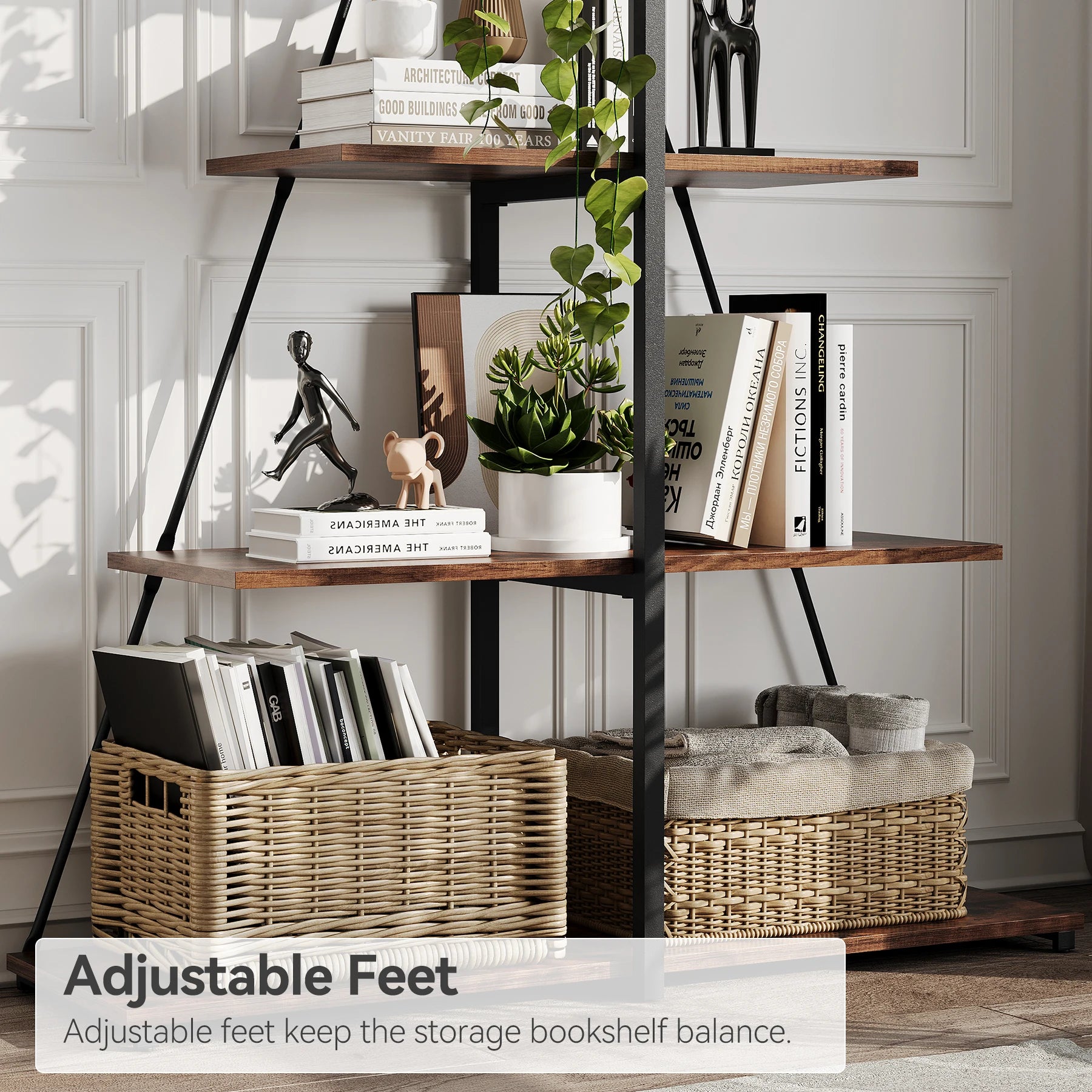 4-Tier A-Frame Ladder Shelf Bookcase - Steel Frame Bookshelf | Rustic Book Storage Shelf for Living Room, Bedroom or Kitchen, Living Room Display Rack Stand