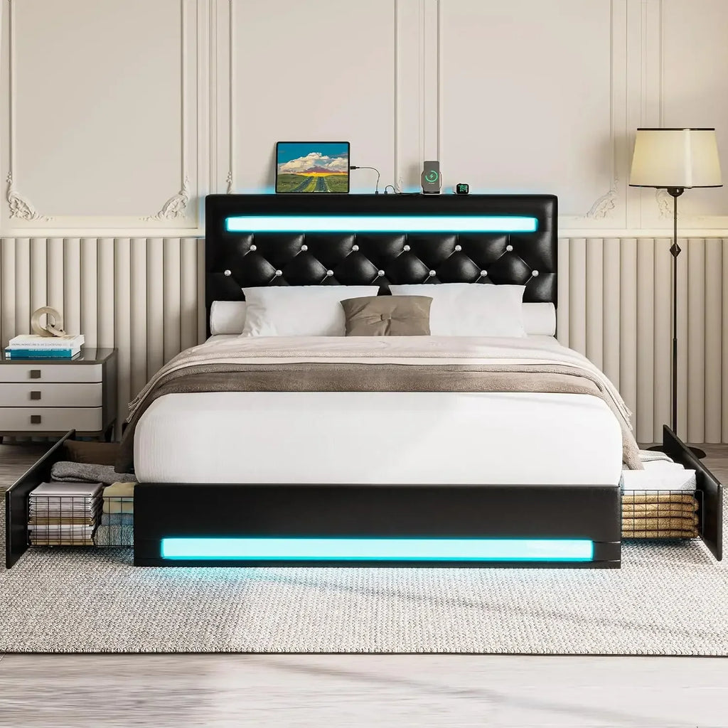 Full Size Bed Frame with LED Light, Leather Platform Bed Frame