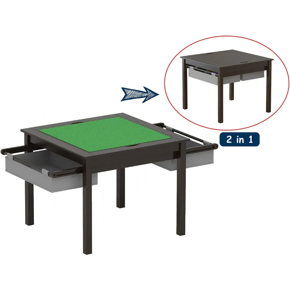 Wooden 2 in 1 Kids Construction Play Table and 2 Chairs Set with Storage Drawers, and Built in Plate for Lego and Dominos