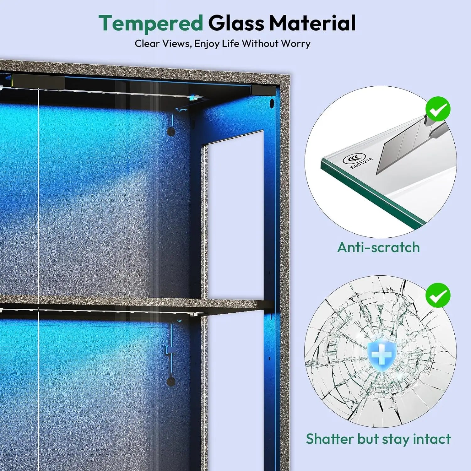 Glass Display Cabinet with Doors - Curio Cabinet with Dynamic LED Lights, 67" Display Case for Any Item, Black