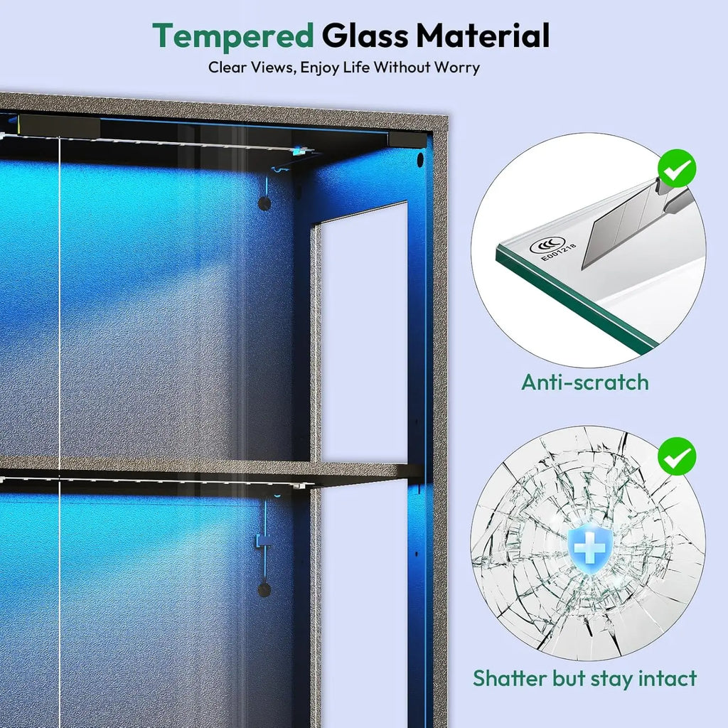Glass Display Cabinet with Doors - Curio Cabinet with Dynamic LED Lights, 67" Display Case for Any Item, Black