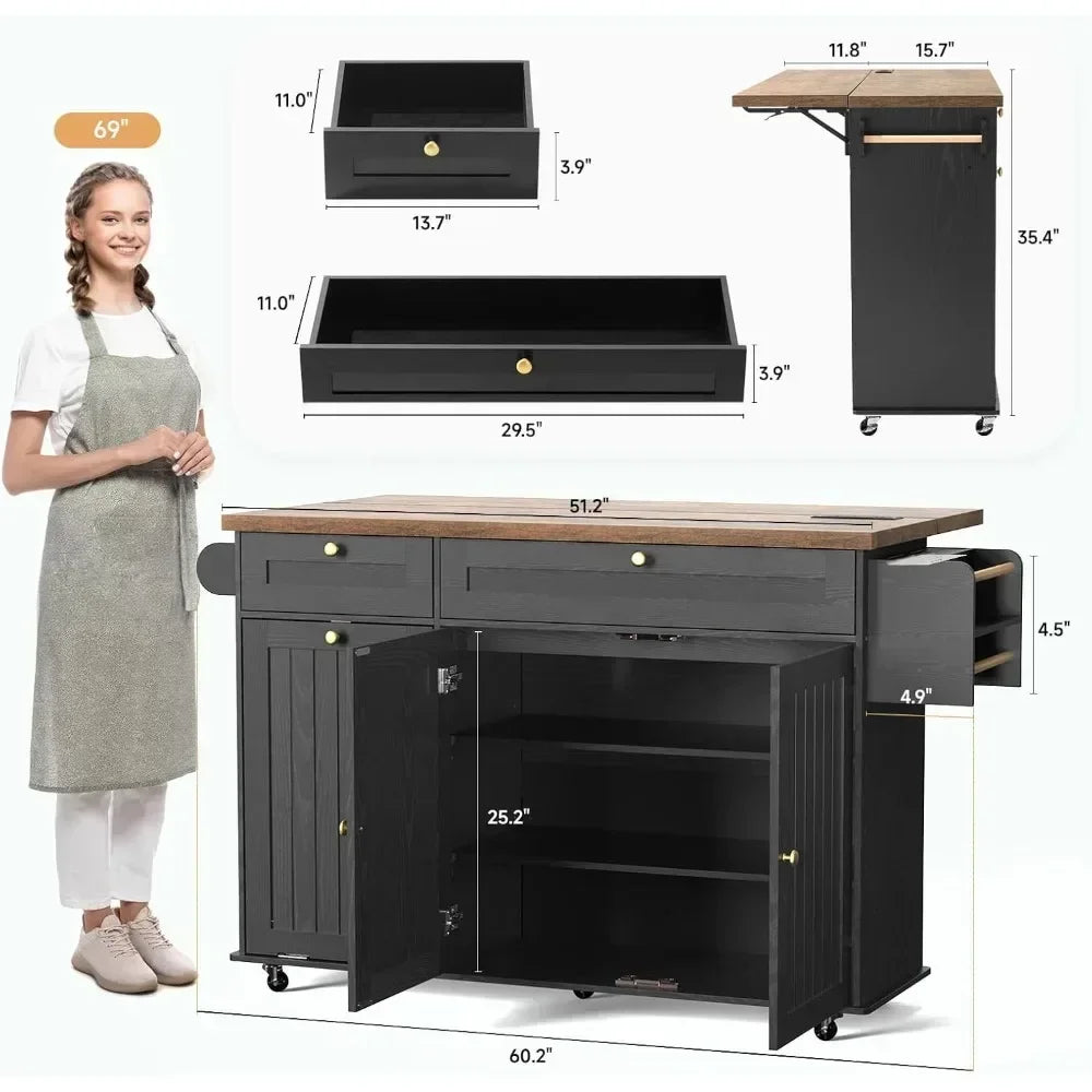 60" Kitchen Island with Power Outlet & Drop Leaf, Kitchen Rolling Island with Spice Rack & Towel Rack, Knife Holder
