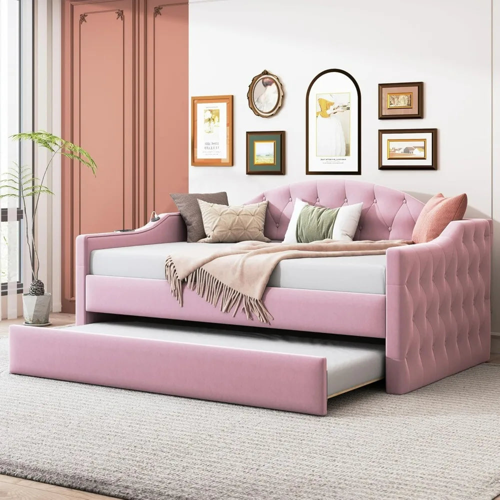 Twin Velvet Daybed with Trundle and Tufted Sofa Bed, USB & Type-C Ports Included