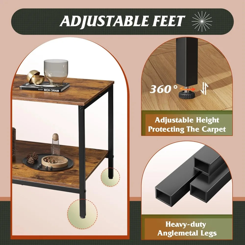Modern Industrial Style Living Room Coffee Table with Storage Shelf and Metal Frame, 2-Tier Wooden Center